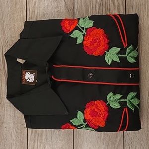 KARMAN Western Embroidered Black Red Roses Sz 16 Long Sleeve‎ Western Snap Shirt